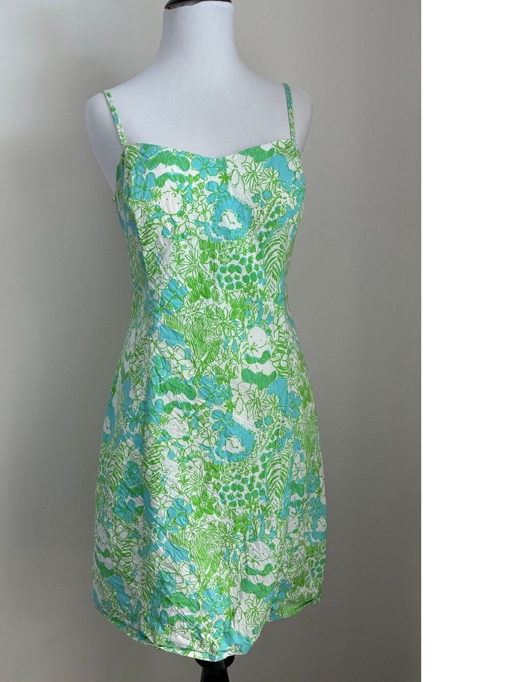 Lilly Pulitzer Womens 4 Green Blue Floral Cotton Sundress Bow Back Mini Dress